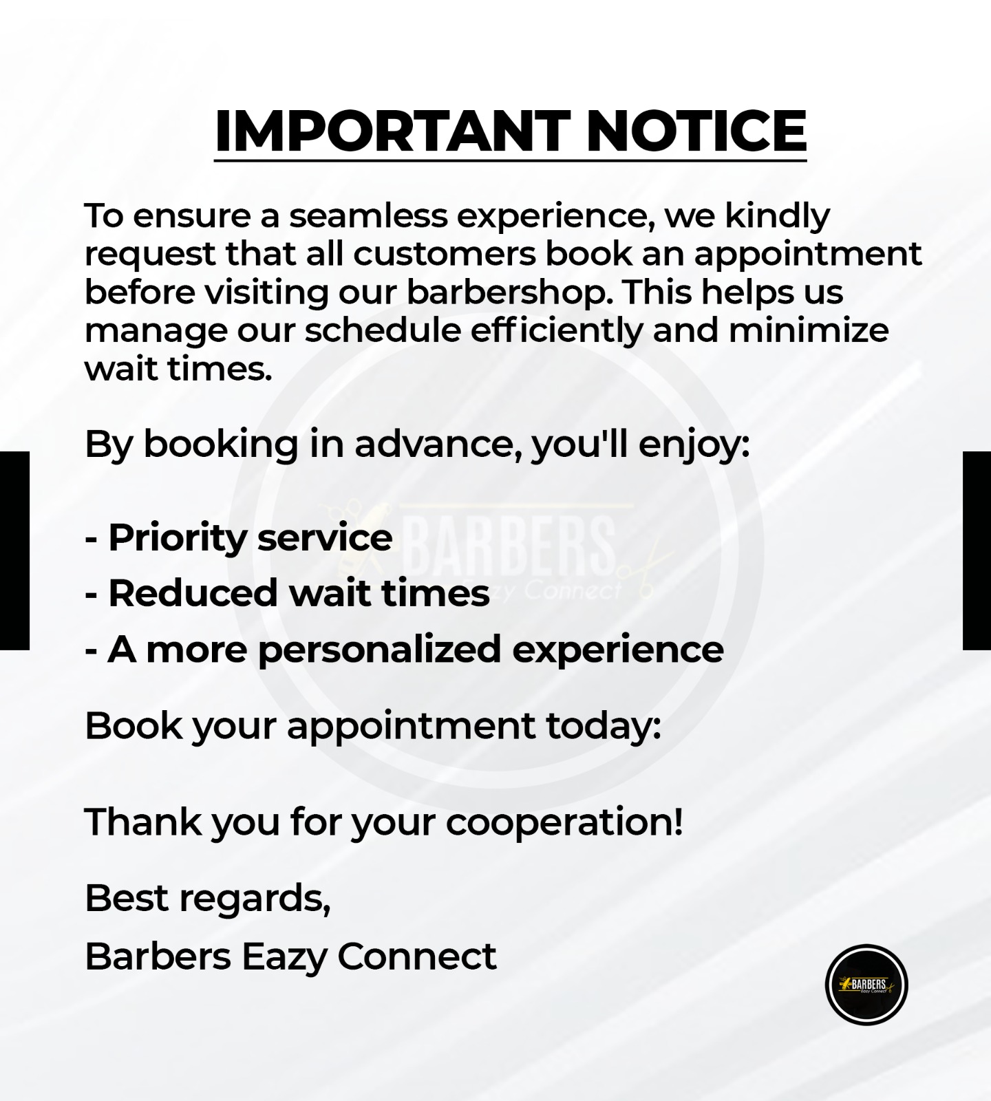 Important booking notice